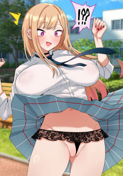 1girl ^^^ absurdres black_choker black_panties blonde_hair blue_necktie blush breasts choker collared_shirt covered_erect_nipples cowboy_shot day dress_shirt ear_piercing earrings female_focus frilled_panties frills gradient_hair highres jewelry kitagawa_marin lace lace-trimmed_panties lace_trim large_breasts long_hair looking_down micro_panties miniskirt multicolored_hair nail_polish navel necktie open_mouth outdoors panties partially_visible_vulva piercing pink_hair plaid_clothes plaid_skirt pleated_skirt purple_eyes purple_nails ricochet-gou sagging_breasts school_uniform shirt skirt solo sono_bisque_doll_wa_koi_wo_suru standing surprised underwear white_shirt wind wind_lift wing_collar