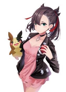 1girl absurdres asymmetrical_bangs black_choker black_hair black_jacket black_nails breasts choker cleavage closed_mouth collarbone dress gen_8_pokemon green_eyes hair_ribbon hand_up highres holding holding_poke_ball jacket looking_at_viewer marnie_(pokemon) medium_breasts morpeko morpeko_(full) nintendo open_clothes open_jacket pink_dress poke_ball poke_ball_(basic) pokemon pokemon_(creature) pokemon_swsh ribbon showyou simple_background twintails white_background