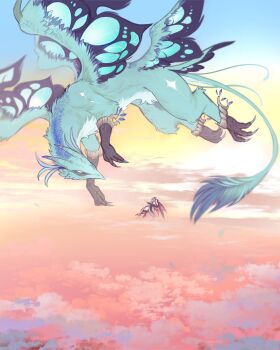 1boy above_clouds aqua_fur claws cloud commentary dragon dragon_boy dragon_wings durin_(genshin_impact) dvalin_(genshin_impact) english_commentary genshin_impact gradient_sky highres multicolored_sky purple_hair size_difference sky sun tail vaffie_s wings