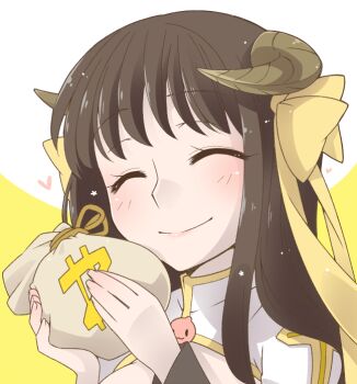 1girl arch_bishop_(ragnarok_online) blush bow brown_hair brown_horns cleavage_cutout closed_eyes closed_mouth clothing_cutout commentary_request dress hair_bow holding holding_money horns iyofika long_hair money money_bag poring portrait ragnarok_online short_hair smile solo two-tone_background white_background white_dress yellow_background yellow_bow