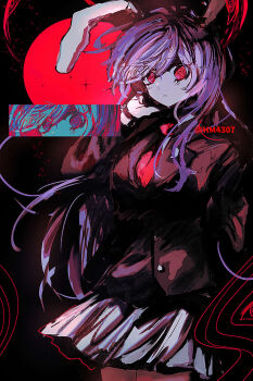 Rule 34 | 1girl, @ @, animal ears, artist name, black background, black jacket, breasts, buttons, collared shirt, cut-in, full moon, hand on own face, highres, hm4307, jacket, long hair, long sleeves, moon, necktie, purple hair, rabbit ears, rabbit girl, red eyes, red moon, red necktie, reisen udongein inaba, shirt, skirt, swept bangs, touhou, twitter username, very long hair, white fur, white shirt, white skirt