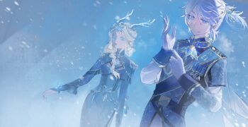 1boy 1girl adjusting_clothes antlers blizzard blonde_hair blue_capelet blue_dress blue_eyes blue_hair blue_jacket blue_theme braid capelet commentary dress earrings fang fiona_gilman fiona_gilman_(frozen_butterfly) floating_clothes floating_hair flower-shaped_pupils gaozhouyong hair_pulled_back hair_tubes highres horns identity_v insect_wings jacket jewelry luca_balsa luca_balsa_(winter_cicada) ponytail reindeer_antlers shirt side_braid single_braid snow symbol-only_commentary symbol-shaped_pupils upper_body white_shirt wings