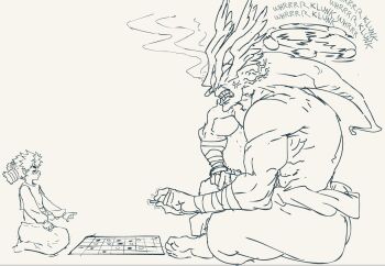 1girl arm_wrap bandages blush board_game clenched_teeth closed_eyes closed_mouth crossover facing_another from_side full_body head_tail head_wings height_difference hunter_x_hunter jujutsu_kaisen komugi_(hunter_x_hunter) long_hair mahoraga_(jujutsu_kaisen) monster muscular muscular_other pants playing_games seiza shirt sitting skirt snot sound_effects spinning teeth topium trembling twintails veins veiny_face wings wings_as_eyes