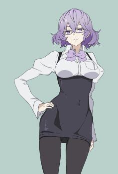 Rule 34 | 1girl, ayu (ddestiny944), black pantyhose, black skirt, breasts, commentary request, cowboy shot, digimon, digimon world re:digitize, glasses, green background, highres, medium breasts, mikagura mirei, overall skirt, pantyhose, parted lips, purple eyes, purple hair, shirt, short hair, simple background, skirt, smile, solo, white shirt