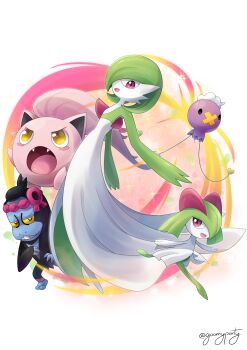 :d :o absurdres blush_stickers drifloon fangs gardevoir gen_3_pokemon gen_4_pokemon goom_(goomyparty) green_hair highres kirlia monkey munkidori nintendo open_mouth pokemon red_eyes scream_tail simple_background smile solid_oval_eyes twitter_username white_background x_(symbol) yellow_eyes