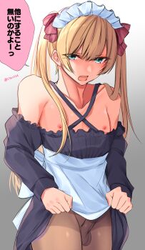 1boy apron apron_lift aqua_eyes arms_at_sides bare_shoulders blonde_hair blush brown_pantyhose bulge clothes_lift collarbone cross-laced_clothes cross-laced_dress crossdressing crossdressing_(mtf) double-parted_bangs dress dress_lift erection erection_under_clothes fang frilled_dress frills furrowed_brow hair_between_eyes highres legs_together long_sleeves looking_at_another looking_at_viewer maid maid_headdress male_focus nipples no_panties off-shoulder_dress off_shoulder open_mouth original pantyhose pov red_ribbon ribbon ribbon-trimmed_headwear ribbon_trim shisei_(kyuushoku_banchou) sidelocks simple_background skin_fang solo speech_bubble standing testicles thighs translated trap twintails unconventional_maid white_apron