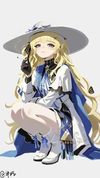 1girl absurdres benlai_hai_ting_xihuan_shijie_de between_fingers black_gloves blonde_hair blue_cape boots cape chinese_commentary cigarette closed_mouth commentary_request dress full_body gloves grey_background grey_hat hair_ornament hat highres holding holding_cigarette knee_boots long_hair long_sleeves phoebe_(wuthering_waves) purple_eyes simple_background solo squatting white_boots white_dress wuthering_waves x_hair_ornament