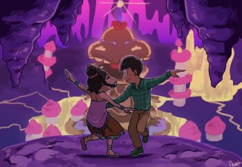 Rule 34 | 1boy, 1girl, amaizake, black hair, bracelet, braid, brown hair, cave, cave interior, dancing, dark-skinned female, dark skin, dayoon girl, dress, hair bun, hair ornament, hetero, jewelry, la la land, matsuno choromatsu, osomatsu-san, osomatsu (series), parody, sandals, scenery, smile, twin braids