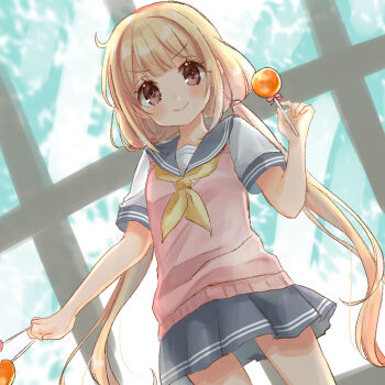 >:) 1girl between_fingers blonde_hair brown_eyes candy closed_mouth commentary_request dutch_angle food futaba_anzu grey_sailor_collar grey_skirt hand_up highres holding holding_candy holding_food holding_lollipop idolmaster idolmaster_cinderella_girls idolmaster_cinderella_girls_starlight_stage lollipop long_hair looking_at_viewer low_twintails neckerchief pleated_skirt rino_cnc sailor_collar school_uniform serafuku shirt short_sleeves skirt smile solo standing sweater_vest twintails v-shaped_eyebrows very_long_hair white_shirt window yellow_neckerchief