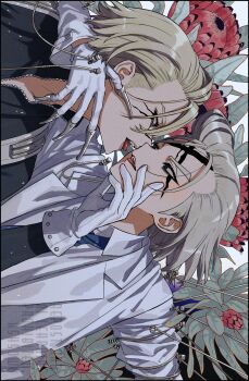 2boys absurdres artist_name black_eyes black_jacket black_shirt blonde_hair blue_eyes blue_necktie collared_shirt commentary dated dr._stone entangled eye_contact face-to-face flower gloves grey_hair hair_between_eyes hand_on_another&#039;s_chin hand_on_another&#039;s_face highres hshs0w0 imminent_kiss jacket long_sleeves looking_at_another male_focus multiple_boys necktie open_mouth red_flower shirt short_hair stanley_snyder_(dr.stone) symbol-only_commentary teeth tongue tongue_out upper_body white_gloves white_jacket white_shirt xeno_(dr.stone) yaoi zipper