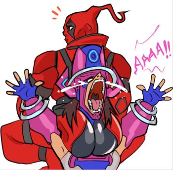 1boy 1girl asphyxiation ass back back_focus black_hair broly_culo_(meme) commentary deadpool deadpool_(series) english_commentary fingerless_gloves from_behind galacta gloves hands_up looking_back marvel marvel_rivals meme muscular muscular_male no_pupils open_mouth purple_gloves red_mask screaming sketch squatting superhero_costume tazahan tears teeth white_background