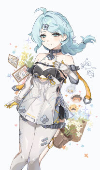 1girl absurdres ahoge aqua_eyes aqua_hair black_bra blush bodysuit bra braid breasts cleavage closed_mouth clothing_cutout collarbone elbow_gloves flower flower_hairpin gloves hand_on_own_chest highres looking_at_viewer medium_breasts mole mole_on_arm seed_(zenless_zone_zero) simple_background sleeveless sleeveless_bodysuit smile thigh_cutout umiinu_(umi_inu11) underwear white_background white_bodysuit white_gloves yellow_flower zenless_zone_zero