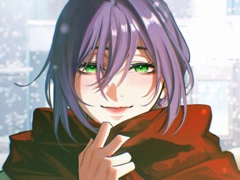 1girl ash1999_exe blush chainsaw_man choppy_bangs close-up commentary double-parted_bangs eyelashes green_eyes hair_between_eyes hair_intakes hand_up highres lips looking_at_viewer medium_hair messy_hair partially_shaded_face portrait purple_hair red_scarf reze_(chainsaw_man) scarf sidelighting sidelocks signature smile snow snowing solo twitter_username