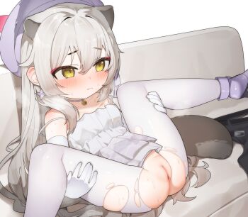 1girl absurdres animal_ears blue_archive blush cens censored freehoney gloves grey_hair highres loli long_hair michiru_(blue_archive) michiru_(dress)_(blue_archive) mosaic_censoring paid_reward_available pantyhose pussy solo torn_clothes torn_pantyhose white_pantyhose yellow_eyes