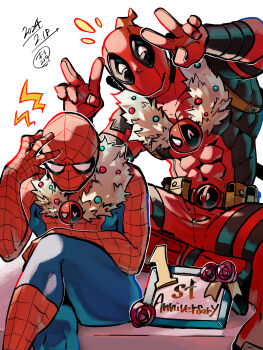 2boys animal_print anniversary badge black_bodysuit blue_bodysuit bodysuit christmas_wreath commentary_request covered_abs covered_collarbone crossed_legs dated deadpool deadpool_(series) double_v english_text flower hand_on_own_head hands_up highres lightning_bolt_symbol marvel momoi_housuke multicolored_bodysuit multiple_boys pocket purple_flower purple_rose red_bodysuit rose simple_background sitting spider-man spider-man_(series) spider_print spider_web_print superhero_costume two-tone_bodysuit v white_background wreath