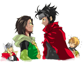 4boys avengers_(series) billy_kaplan black_hair blonde_hair brown_eyes brown_hair green_eyes hulkling kid_loki loki_(marvel) male_focus marvel multiple_boys smile thor_(marvel) wiccan young_avengers