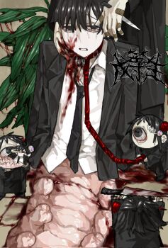 1boy black_collar black_eyes black_hair black_jacket black_necktie blood blood_on_face blood_string bloody_knife collar crying cyclops faceless guro highres jacket kitchen_knife knife leash necktie one-eyed original plant short_hair tears teeth wuwuren