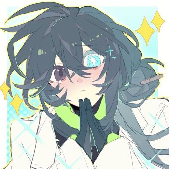 +_+ 1boy :< black_eyes black_gloves black_hair blue_eyes blush commentary crossed_bangs gloves hair_between_eyes heterochromia hong_lu_(project_moon) jacket k_corp._(identity)_(project_moon) lab_coat limbus_company long_hair looking_at_viewer male_focus own_hands_together pleading_eyes portrait project_moon sidelocks solo sparkle symbol-only_commentary szealots tearing_up white_jacket