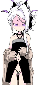 1girl bare_shoulders black_dress black_panties blue_archive cardigan cosplay dress expressionless hair_up hina_(blue_archive) kayoko_(blue_archive) kayoko_(dress)_(blue_archive) kayoko_(dress)_(blue_archive)_(cosplay) kuromasa_shisei looking_down navel off_shoulder panties purple_eyes solo underwear white_hair you're_doing_it_wrong