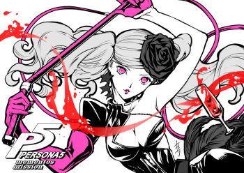 1girl alternate_costume ambiguous_red_liquid asymmetrical_clothes asymmetrical_dress asymmetrical_gloves breasts bubble cleavage cup dress drinking_glass earrings feathers flower gloves grey_flower grey_rose hair_flower hair_ornament holding holding_weapon holding_whip jewelry large_breasts lips neck_ring official_art persona persona_5 pink_eyes pink_gloves pink_lips rose saitou_rokuro signature simple_background star_(symbol) star_earrings takamaki_anne twintails weapon whip white_background wine_glass
