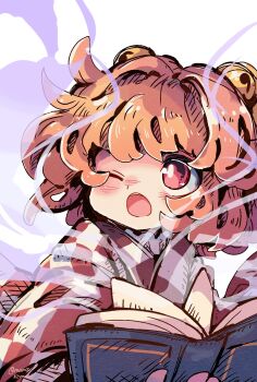 Rule 34 | 1girl, ;o, bell, book, checkered clothes, checkered kimono, commentary, hair bell, hair ornament, highres, holding, holding book, japanese clothes, jingle bell, kimono, mame komari, motoori kosuzu, one-hour drawing challenge, one eye closed, open book, open mouth, orange hair, red eyes, red kimono, short hair, simple background, smoke, solo, touhou, twitter username, upper body, white background, white kimono