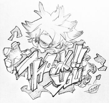 Rule 34 | 1boy, english text, gachiakuta, highres, official art, rudo surebrec, sketch, traditional media, urana kei