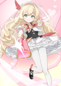 1girl :3 absurdres aiming aiming_at_viewer alternate_costume arm_up beret black_shoes black_vest blonde_hair blue_archive blush bow bowtie buttons closed_mouth commentary dress floating_hair fluffy_hair foot_out_of_frame frilled_sleeves frills glint green_eyes gun hair_between_eyes hair_intakes hat hat_feather heart heart-shaped_gun_barrel highres holding holding_gun holding_weapon key knees_together_feet_apart long_hair no_ra339 pantyhose petticoat pink_background professor_niyaniya_(blue_archive) puffy_short_sleeves puffy_sleeves red_bow red_bowtie shoes short_dress short_sleeves sidelocks simple_background smile solo standing standing_on_one_leg very_long_hair vest weapon white_dress white_hat white_pantyhose