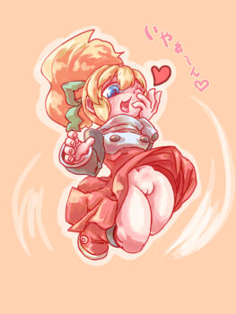 blonde_hair blue_eyes bow green_bow has_show_02 heart highres loli mega_man_(series) navel one_eye_closed pussy roll_(mega_man) tagme upskirt