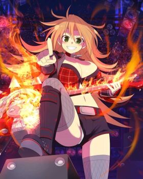 1girl arm_guards armor belt black_boots black_coat black_shorts boots breasts brown_hair choker cleavage coat crop_top cropped_coat electric_guitar fire fishnet_thighhighs fishnets game_cg green_eyes grey_thighhighs grin guitar instrument japanese_armor karasu_(senran_kagura) kote large_breasts long_hair looking_at_viewer messy_hair midriff navel official_art panties panty_peek plaid_clothes plaid_vest pointing pointing_at_viewer red_belt red_vest senran_kagura senran_kagura_new_wave short_shorts shorts skindentation smile smirk solo stage stage_lights thighhighs underwear vest white_panties