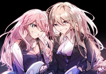 Rule 34 | 2girls, bang dream!, bang dream! it's mygo!!!!!, belt, belt buckle, black background, black belt, black jacket, black nails, blue necktie, buckle, chihaya anon, classroom, clenched teeth, collared shirt, crossover, dress shirt, earrings, electric guitar, girls band cry, grey eyes, grey hair, guitar, hair between eyes, hibioes, highres, instrument, instrument connection, jacket, jewelry, kawaragi momoka, long hair, long sleeves, multiple girls, nail polish, necktie, one eye closed, open mouth, pink hair, shirt, sidelocks, sweat, teeth, upper body, white shirt