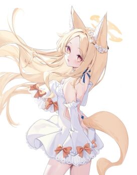 1girl alternate_costume animal_ear_fluff animal_ears ass ass_cutout bare_back bare_shoulders blonde_hair blue_archive blush bow breasts butt_crack cannian_dada clothing_cutout commentary cross_halo detached_sleeves dress ear_wreath floating_hair forehead fox_ears fox_girl fox_tail frilled_dress frilled_sleeves frills from_side halo long_hair looking_at_viewer looking_to_the_side open_mouth orange_bow seia_(blue_archive) simple_background sleeves_past_fingers sleeves_past_wrists small_breasts solo strapless strapless_dress tail tail_through_clothes turning_head white_background white_dress yellow_eyes yellow_halo yellow_tail