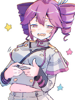 Rule 34 | 1girl, akayama yukihe, blush, bow, breasts, commentary request, drill hair, hair bow, highres, kasane teto, kasane teto (sv), midriff, navel, open mouth, pink eyes, pink hair, solo, star (symbol), synthesizer v, twin drills, utau, white background