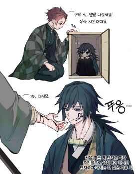 Rule 34 | 2boys, absurdres, alternate costume, black hakama, blue eyes, closed mouth, commentary request, green haori, hair between eyes, hakama, haori, highres, japanese clothes, kamado tanjirou, kikkoumon, kimetsu no yaiba, korean commentary, korean text, long hair, male focus, multiple boys, multiple views, parted lips, profile, ryry 911, short hair, spiked hair, tomioka giyuu, translation request, upper body