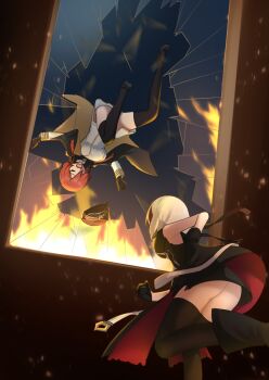 Rule 34 | > <, 2girls, azur lane, bare shoulders, bent over, black coat, black dress, black gloves, bon homme richard (meta) (azur lane), boots, breaking through window, broken glass, broken window, brown hair, coat, commission, defenestration, dress, falling, fire, from behind, full body, fur-trimmed coat, fur trim, glass, gloves, highres, leaning forward, long hair, medium hair, monarch (azur lane), multiple girls, open clothes, open coat, parallelrey, pixiv commission, scared, screaming, shirt, sleeveless, sleeveless dress, standing, standing on one leg, thighhighs, thighs, throwing, throwing person, upside-down, upskirt, white hair, white shirt