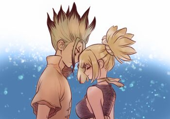 1boy 1girl artist_name black_hair blonde_hair breasts choker closed_eyes collared_shirt dr._stone facial_mark from_side glowing green_hair heads_together hetero ishigami_senkuu kohaku_(dr._stone) large_breasts multicolored_hair ninomae_gin ponytail rope_belt shirt short_sleeves sideboob sidelocks signature smile spiked_hair two-tone_hair