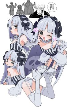 1girl 3boys :d :p armpits ass black_bow black_eyes blunt_bangs boots bow braid coat collar dress faldeus_dioland fate/strange_fake fate_(series) feet_up finger_to_cheek francesca_prelati_(fate) frilled_collar frilled_sleeves frills from_behind from_side fur-trimmed_coat fur_trim garter_straps hair_bow high_heel_boots high_heels highres holding_hands jacket kneehighs light_blush multicolored_hair multiple_boys multiple_hair_bows multiple_views open_mouth orlando_reeve panties pantyshot purple_hair qusouzu_mogari ringed_eyes shoes skull smile socks speech_bubble star_(symbol) strapless strapless_dress striped_clothes striped_dress tongue tongue_out translation_request two-tone_hair underwear white_collar white_dress white_hair white_panties white_shoes white_socks