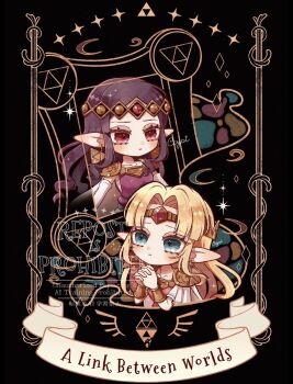 2girls armor blonde_hair blue_eyes bracer cape chibi chibi_only co_09vrg copyright_name dress earrings elbow_gloves gloves gold_earrings highres jewelry long_hair multiple_girls nintendo own_hands_clasped own_hands_together parted_bangs pink_dress praying princess_hilda princess_zelda purple_dress purple_hair red_eyes red_gloves short_sleeves shoulder_armor sidelocks the_legend_of_zelda the_legend_of_zelda:_a_link_between_worlds tiara triforce upper_body white_cape white_gloves white_sleeves