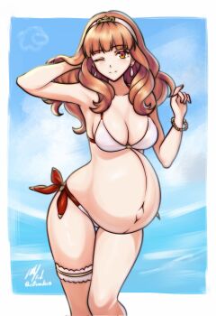 1girl bikini blush breasts celica_(fire_emblem) cleavage cowboy_shot earrings fire_emblem fire_emblem_echoes:_shadows_of_valentia hairband highres jewelry long_hair looking_at_viewer nintendo one_eye_closed orange_eyes orange_hair pregnant rotomdocs side-tie_bikini_bottom signature simple_background smile solo swimsuit thigh_strap twitter_username white_hairband