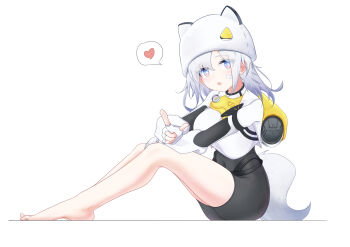 1girl :o arknights arknights:_endfield bandaid bandaid_on_cheek bandaid_on_face barefoot blue_eyes bright_pupils chinese_commentary commentary covered_navel crop_top cropped_jacket estella_(arknights) eyes_visible_through_hair fingerless_gloves full_body gloves grey_hair grey_tail hat heart highres jacket looking_at_viewer medium_hair open_mouth pink_eyes pointing pointing_at_viewer simple_background sitting solo spoken_heart tail white_background white_gloves white_hat white_jacket white_pupils youjiu_you_jiao