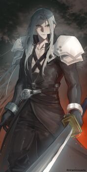 Rule 34 | 1boy, armor, bangle, belt buckle, black coat, black gloves, black pants, bracelet, buckle, chest strap, closed mouth, coat, collarbone, cow, final fantasy, final fantasy vii, final fantasy vii remake, gloves, green eyes, grey hair, hashtag-only commentary, highres, holding, holding sword, holding weapon, jewelry, light smile, long coat, long hair, male focus, masamune (ff7), minaminooyama, pants, parted bangs, pauldrons, sephiroth, shoulder armor, slit pupils, solo, sword, twitter username, weapon