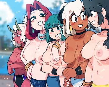 5girls :d :t aqua_eyes aqua_hair arm_around_neck arms_under_breasts bikini bikini_bottom_only black_bikini black_choker black_hair black_ribbon blue_bikini blurry blurry_background blush_stickers bracelet braid breasts brown_eyes brown_horns choker closed_mouth colored_skin commentary_request cowboy_shot crossed_arms curtained_hair daisy_(scott_malin) dark-skinned_female dark_skin day depth_of_field fingernails green_eyes grin hair_ears hair_over_shoulder hair_ribbon hand_on_own_hip highres horns jewelry katya_(scott_malin) large_breasts long_hair looking_at_another looking_to_the_side lucia_(scott_malin) medium_breasts meisha_(scott_malin) mia_(scott_malin) mole mole_on_breast multiple_bracelets multiple_girls nail_polish navel nipples open_mouth original outdoors ponytail pout profile red_hair red_nails red_skin ribbon scott_malin short_hair single_braid smile standing stomach straight_hair swimsuit topless_female turning_head white_bikini white_hair wristband yellow_bikini zenra