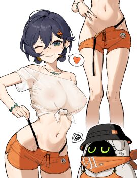 1girl absurdres belle_(summer_skies)_(zenless_zone_zero) belle_(zenless_zone_zero) blue_hair blush bracelet breasts bucket_hat cleavage commentary covered_erect_nipples dolphin_shorts earrings eous_(zenless_zone_zero) green_eyes hair_between_eyes hat heart highres holding_strap jewelry liminal0803 medium_breasts midriff multiple_views navel necklace nose_blush off-shoulder_shirt off_shoulder one_eye_closed see-through_clothes see-through_shirt shirt short_hair shorts simple_background smile speech_bubble spoken_heart stomach strap_slip tied_shirt white_background zenless_zone_zero