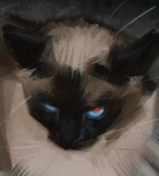 animal_focus black_fur blue_sclera brown_fur camera_flash cat colored_sclera dark_background film_grain from_above highres looking_at_viewer looking_up neptuniite no_humans original painterly photo-referenced portrait realistic red_eyes uneven_eyes