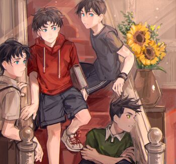 4boys absurdres akningovo animification batman_(series) black_hair blue_eyes brothers child crossed_arms damian_wayne dark-skinned_male dark_skin dc_comics dick_grayson flower green_eyes highres hood hoodie indoors jason_todd male_focus multiple_boys on_stairs red_hoodie shorts siblings teeth tim_drake white_footwear