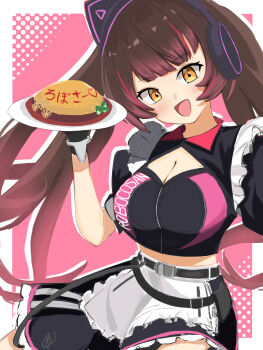 1girl 963rinne alternate_costume apron belt black_belt black_gloves black_shirt black_skirt breasts brown_hair cleavage cleavage_cutout clothing_cutout food gloves headphones highres holding holding_plate hololive large_breasts long_hair looking_at_viewer maid multicolored_hair omelet omurice plate red_hair roboco-san shirt skirt solo streaked_hair twintails virtual_youtuber white_apron