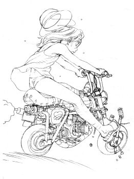 1girl ass dress flat_ass full_body greyscale hat highres loli mihoto_kouji monochrome motor_vehicle motorcycle on_motorcycle original panties sandals sketch solo underwear