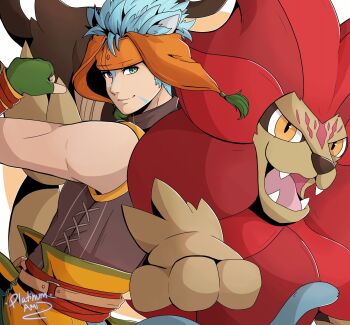 Rule 34 | 1boy, animal ears, blue hair, cat boy, cat ears, commentary, crossover, english commentary, fire emblem, fire emblem: path of radiance, gen 6 pokemon, green eyes, headdress, heterochromia, highres, male focus, nintendo, platinum ami, pokemon, pokemon (creature), purple eyes, pyroar, pyroar (male), ranulf (fire emblem), tail