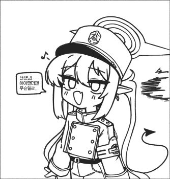 0dot001hz 1girl armband belt blue_archive commentary_request cowboy_shot demon_tail earrings eighth_note fang halo happy highres jewelry korean_commentary long_hair monochrome musical_note no_pupils nozomi_(blue_archive) open_mouth pointy_ears ryona single_earring speech_bubble tail translation_request twintails very_long_hair