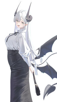 1girl :d absurdres arms_behind_back bag black_bag black_horns black_wings cake_walker commentary demon_girl demon_horns demon_tail ear_piercing eyes_visible_through_hair feet_out_of_frame fingernails green_eyes hair_over_one_eye highres holding holding_bag horns long_fingernails long_skirt long_sleeves mole mole_under_eye open_mouth original piercing pointy_ears shirt simple_background skirt smile solo standing tail teeth thea_(nekojira) upper_teeth_only white_background white_hair white_shirt wings