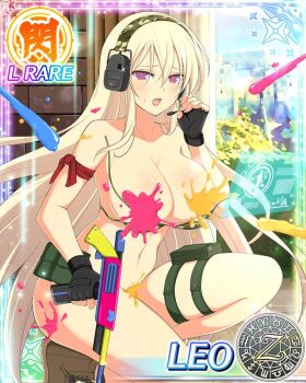 Rule 34 | 1girl, :o, aquarius (symbol), aries (symbol), arm scarf, bikini, bikini top only, blonde hair, blush, boots, bottomless, breasts, brick wall, brown boots, building, camouflage, camouflage bikini, camouflage bikini top, cancer (symbol), capricorn (symbol), card (medium), character name, convenient censoring, curtains, dodecagram, embarrassed, floating screen, gemini (symbol), gun, hair between eyes, hand on headset, headphones, headset, holding, holding gun, holding weapon, kneeling, large breasts, leo (senran kagura), leo (symbol), libra (symbol), linea alba, long hair, looking at viewer, microphone, navel, official art, on one knee, paint gun, paint splatter, paintball, pisces (symbol), pouch, purple eyes, red scarf, sagittarius (symbol), scarf, school emblem, scorpio (symbol), screen, senran kagura, senran kagura new wave, solo, sparkle, speaking tube headset, swimsuit, taurus (symbol), thigh pouch, thigh strap, under fire, undone bikini, very long hair, virgo (symbol), wardrobe malfunction, weapon, window, zodiac wheel